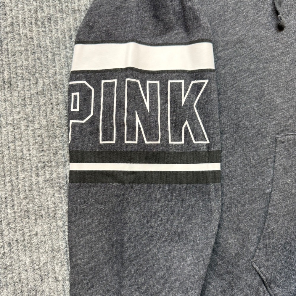 Victoria's Secret PINK Lace Up Hoodie Small Gray Spell Out Sleeve Pullover - Picture 5 of 10